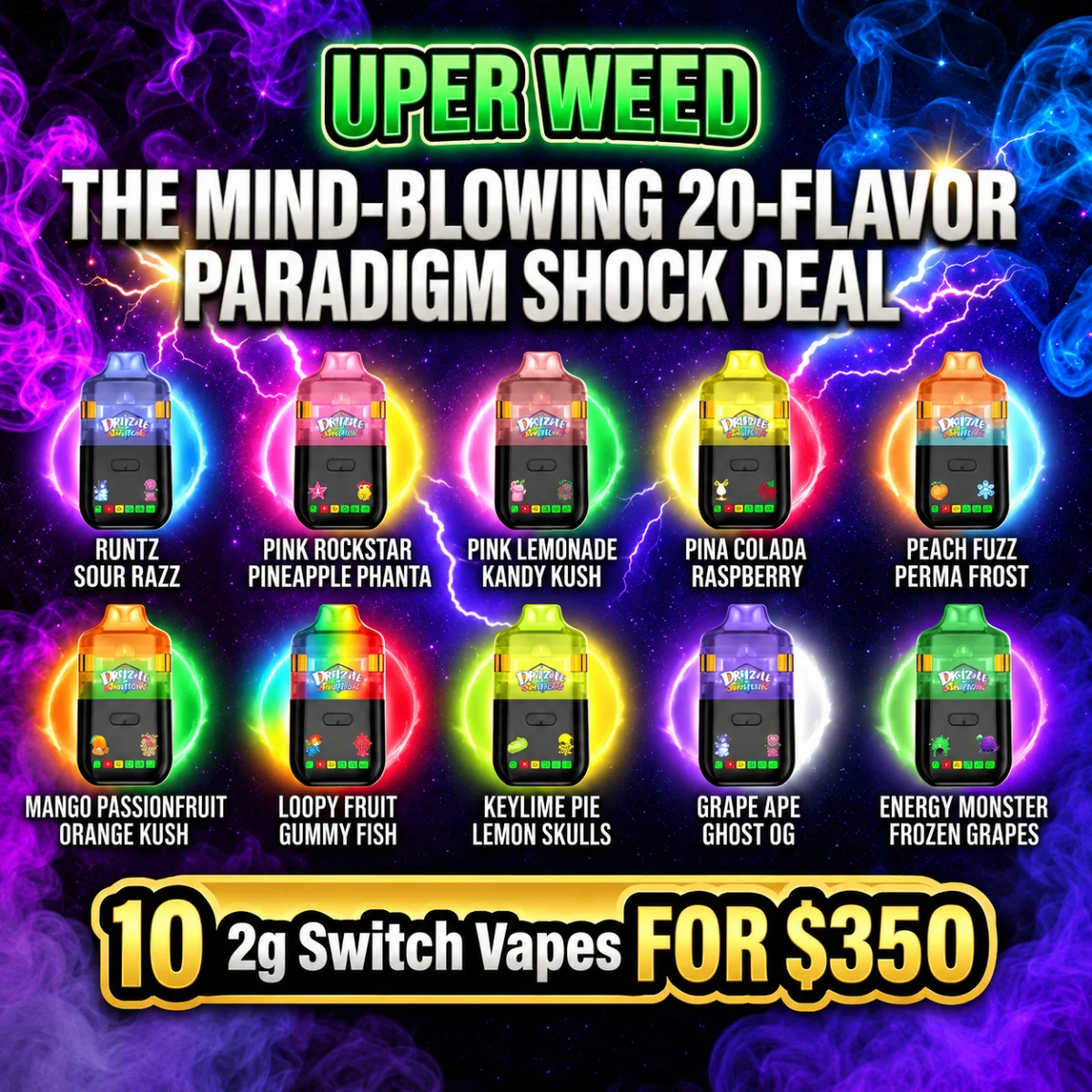 The Mind-Blowing 20-Flavor Paradigm Shock Deal – 10 2g Switch Vapes for $350 photo 1