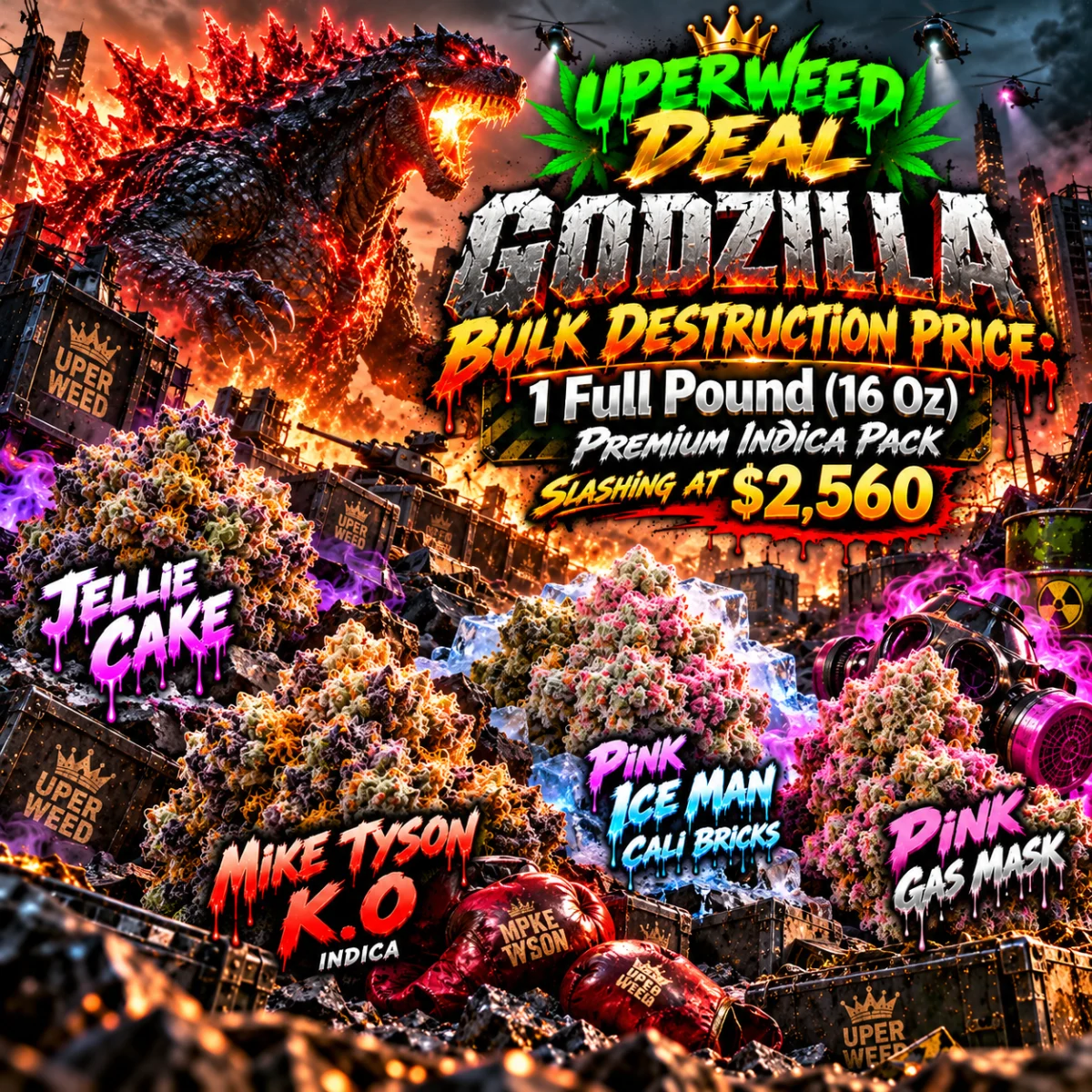 GODZILLA BULK DESTRUCTION PRICE: 1 Full Pound (16 Oz) Premium Indica Pack Slashing at $2,560